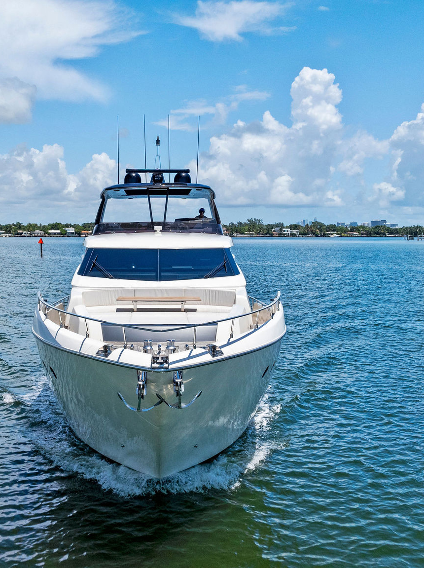 Head-on exterior view of the Brass Ring luxury yacht at sea