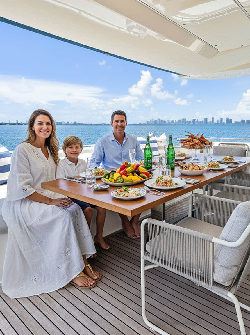 Guests relaxing on the aft deck seating area of the Brass Ring yacht