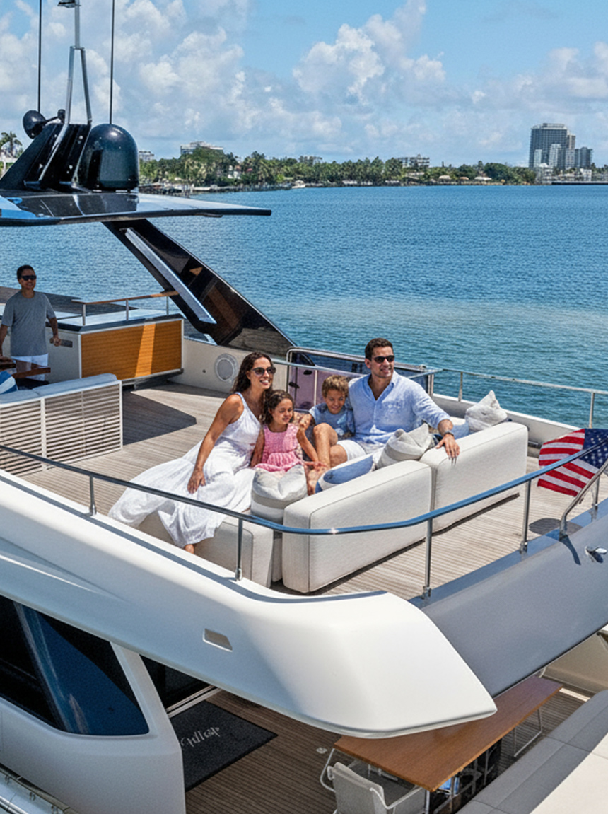 Aft deck seating and outdoor lounge area on the Brass Ring luxury yacht